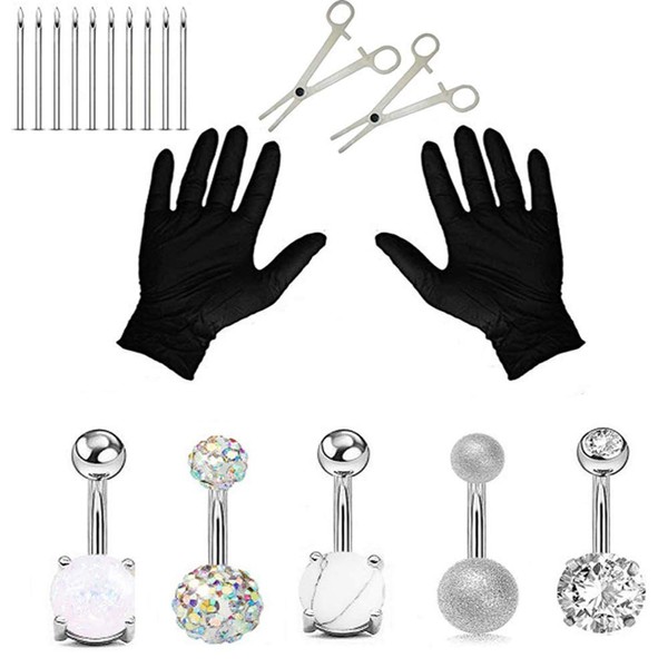 Jconly Professional Piercing Kit Silver Multicolor Steel 14G CZ Belly Navel Ring Body Piercing Set … …