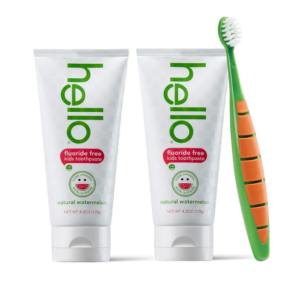 Hello Oral Care Kids Fluoride Free and SLS Free Toothpaste Twin Pack with BPA-Free Kids & Toddler Toothbrush, Natural Watermelon