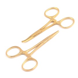 LAJA IMPORTS Set of 2 Hemostat Mosquito Forceps Full Gold 3.5" Straight & Curved Stainless Steel