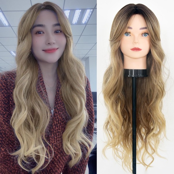 AKFYORH Ombre Blonde Long Curly Wavy Wig for Women 26
