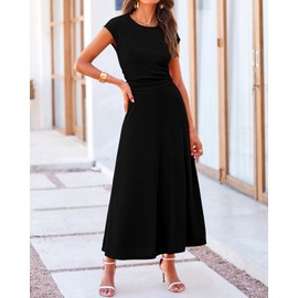 BTFBM Women Two Piece Skirt Set Summer 2025 Casual Vacation Crew Neck Short Sleeve Cropped Top Elastic Waist Midi Skirts(Black, X-Large)