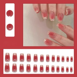 Press on Nails Medium Fake Nails with Ombre Designs French Acrylic Nails Press ons Glossy Glue on Nails Pink False Nails Full Cover Artificial Nails Reusable Stick on Nails for Women 24 Pcs