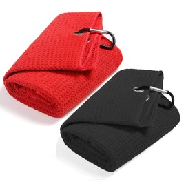 QeeHeng 2 x Microfiber Golf Towels Waffle Pattern Funny Golf Towel with Clip for Golf Bags for Men Trifold Golf Towel Set (Black+Red)