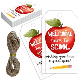 Back to School Gift Tags, 50 Pcs First Day of Schools Tags with String, 2x3 Inch Gift Labels for Students Teachers Present, Kindergarten Preschool Elementary, Party Decoration-A17