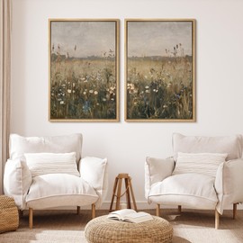 MUDECOR Framed Canvas Print Wall Art Set Golden Meadow Wildflowers Rustic Floral Field Landscape Illustrations Modern Art Decorative Bohemian Zen for Living Room, Bedroom, Office - 16"x24"x2 NATURAL