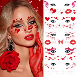 10 Pairs Love Heart Colorful Eye Shadow Temporary Tattoo Stickers Eyeliner Stickers Waterproof Freckle Tattoos Love Heart Lips Bows Makeup Transfer Eyeshadow Face Stickers for Valentine's Day Party