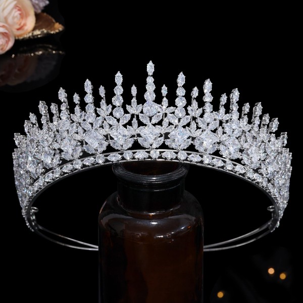 Aoligrace Grandes coronas de circonita cúbica chapada en platino CZ altas Tairas fiesta cumpleaños accesorios para el pelo de novia