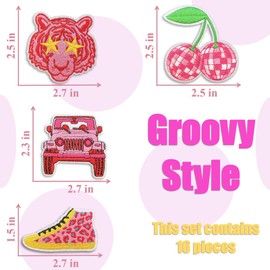 Groovy Patch, Fashion Iron On Patches, Cute DIY Sewing Decor Patches for Backpacks, Embroidery Applique Aesthetic Stuff for Clothing, Jackets, Jeans (Groovy3 16 Pcs)