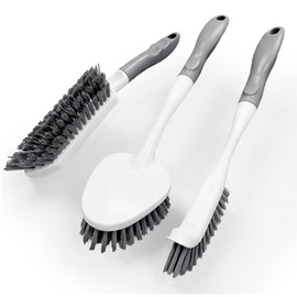 3 Pack Heavy Duty Scrub Brush Set, Curved Corner Brush with Scraper, V-Shape Grout Brush & Stiff Bristle Scrubber for Grout, Window Tracks, Crevice, Shower, Bathroom, Bathtub & Floor
