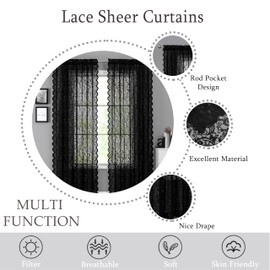 Bujasso Black Lace Sheer Curtains 90 inch Vintage Floral Sheer Window Curtain Panels for Living Room Bedroom Elegant Light Filtering Black Drapes Window Treatment Set Rod Pocket 2 Panels 54" Wx90 L