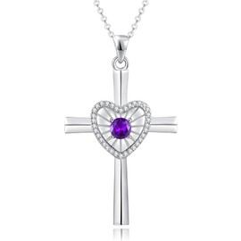 FANCIME Amethyst Cross Necklace For Women Sterling Silver Birthstone Necklace Heartbeat Cross Pendant Fine Jewelry Birthday Holiday Gift Valentines Day Gift For Her, 16"+2" Inch