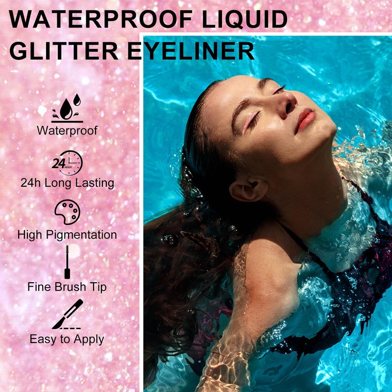 Ingzy Flüssiger Eyeliner mit Glitzer, Metallic-Eyeliner, glitzernd, weiß, silberfarben, goldfarben,