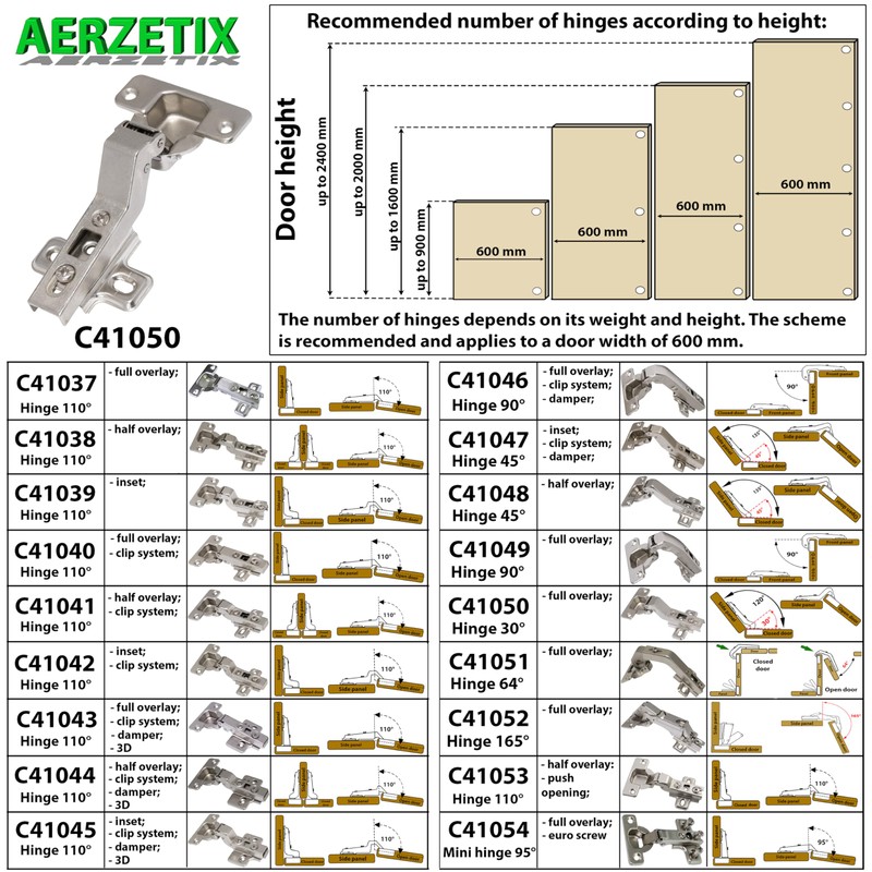 AERZETIX - C41050-Set of 4 Concealed Hinges 30° Curved for
