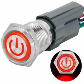 UL Listed 15 Amp Momentary Push Button Switch 16mm 5/8" Waterproof IP67 110V-120V 1NO SPST with Red LED Light 304-Stainless Steel On Off with Wire Socket