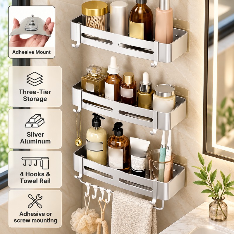 Aluminum Shower Caddy for Bathroom Storage – No-Drill Wall-Mounted Organizer