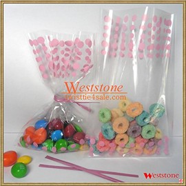 25pcs 4"x6" Polka Dot Pink Gift Cello Bag + Twist Ties for Wedding Birthday Party