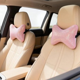 Carwales 2 Pack Car Neck Pillow for Driving Seat Auto Headrest Cushion Head Rest Neck Support Relax Crystal Rhinestone Diamond Interior Bling Accessories for Women Girly Comfortable Pink