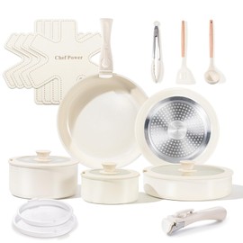 Chef Power Ceramic Cookware Set Non Toxic with Detachable Handles, Healthy Nonstick Pans and Pots Set 19 Pcs, Induction Dishwasher Oven Safe Kitchen Set, PFAS PFOA & PTFE Free, Cream White