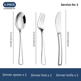 6-Piece Silverware Set Stainless Steel Flatware Set Service for 2 Includes Knives Forks Spoons Cutlery Utensil for Home Kitchen, Dishwasher Safe