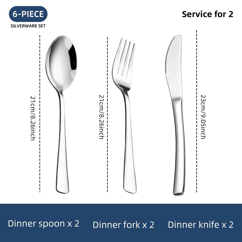 6-Piece Silverware Set Stainless Steel Flatware Set Service for 2