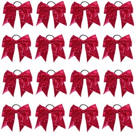 chiduerm 16Pcs Cheerleading Bows 8 Inch Large Cheer Hair Bows Grosgrain Ribbon Elastic Bands Handmade Ponytail Holder for Cheerleading Girls School College Sports (Sequin Hot Pink)