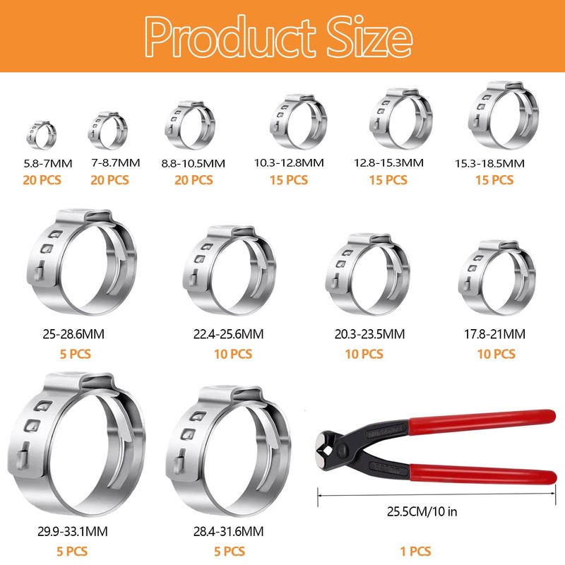 150pcs 12-Sizes 304 Stainless Steel Single-Ear Hose Clamp kit with