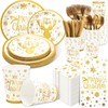 JarThenaAMCS 175Pcs Merry Christmas Party Supplies Kit Gold Foil Elk Snowflake Tableware Xmas Winter Disposable Dinnerware Paper Napkin Plate Cup Plastic Fork Knives Spoon For 25 Guests