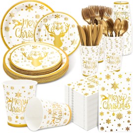JarThenaAMCS 175Pcs Merry Christmas Party Supplies Kit Gold Foil Elk Snowflake Tableware Xmas Winter Disposable Dinnerware Paper Napkin Plate Cup Plastic Fork Knives Spoon For 25 Guests