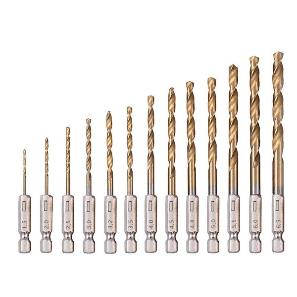 Saipor 13-Piece Twist Drill Bit Titanium Coated HSS Twist Drill