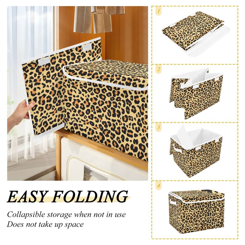 CaTaKu Large Fabric Storage Bins With Lids, Brown Leopard Print