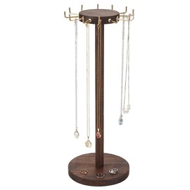 AHANDMAKER - Wooden Necklace Stand, 16.14 Inch Wooden Jewellery Stand with 12 Hooks, Round Table Holder for Presentation and Storage of Necklaces and Bracelets