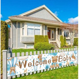 Large Blue Welcome Baby Sign Banner Baby Shower Party Decoration Supplies Gender Reveal Party Supplies Decorations Welcome Baby Boy Party Yard Garden Decoration - 9.8 x 1.6 ft