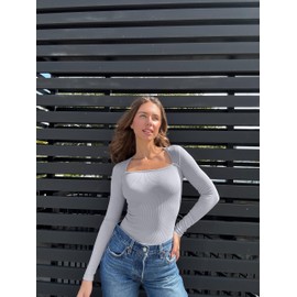 OQQ Women's Bodysuits Sexy Ribbed Square Neck Long Sleeve Tummy Control Casual Fall Bodysuits Grey