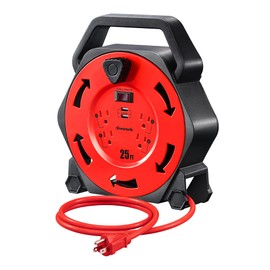 DEWENWILS Cord Reel with 4 Power Outlets, 2-USB Ports(3.4A Fast Charge), 25FT Retractable Extension Cord Reel, Heavy Duty SJTW 16/3 Cable, 13A Circuit Breaker, Hand Wind, UL Listed