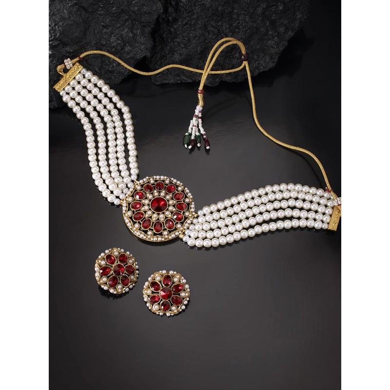 Aheli Kundan Pearl Choker Multi Layered Collar de cuentas Pendientes