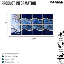 Tenedos Wave Sea Cobalt Blue with Calacatta Gold Porcelain Lineup Border Pool Wall Tile on 6x12 Mesh for Easy Installation, for Bathroom Wall, Backsplash (1 Piece)