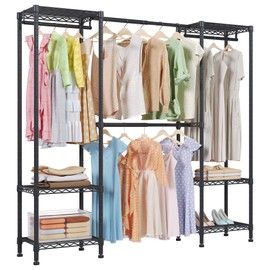 Higeego H10 Freestanding Clothing Rack for Hanging Clothes Heavy Duty Garment Rack, Wardrobe Closet Organizer with Expandable Hanger Rods, Extendable from 4.5 to 5.9 ft, Black