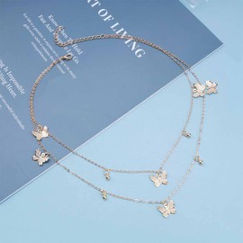 Yheakne Boho Layered Butterfly Necklace Choker Gold Tiny Butterfly Dangle Necklace Flying Butterfly Choker Double Layer Necklace Chain Jewelry for Women and Girls