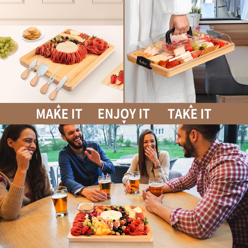 CAWIU Charcuterie Board with Lid and Handle - Portable Travel