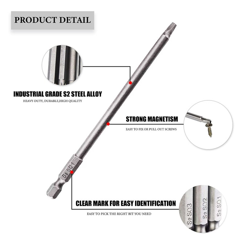 Square Drill Bit Set, 3PCS 100MM Magnetic Square Head Screwdriver