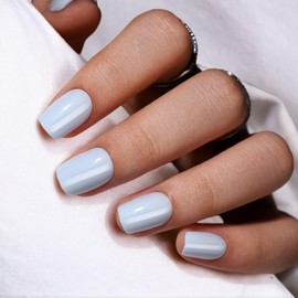 Short Square Press On Nails (Soft Sky) Reusable Natural Stick On Nails with Glue in 15 Sizes – 32 Soft Gel Fake Nails Kit