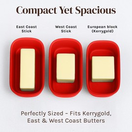 Cooler Kitchen Butter Dish with Lid for Countertop - Red Butter Storage Holder - Eco Modern Bamboo Fiber - Fits Kerrygold, European Style Sticks - Dishwasher Safe Kitchen Crock Container Keeper