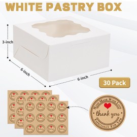 BanYakong 30pcs Cookie Boxes with Window, 6x6x3 Inches White Bakery Boxes, 36 Pcs Stickers,for Small Cookies, Treats, Candy, Desserts, Chocolate Covered Strawberries,Mini Cake Boxes