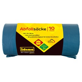 Idena 50056 Waste Bags, Blue, 1 Roll of 10 Pieces, 120 Litres, 40µ Extra Strong and Tear-Resistant, with Practical Drawstring, Drawstring Bags