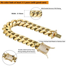 GOLD IDEA JEWELRY 14k Gold Plated Stainless Steel Thick Miami Cuban Link Chain with Lab Diamond Clasp Men's Hip Hop Necklace or Bracelet (14k-gold-plated(8mm wide), 8.5)
