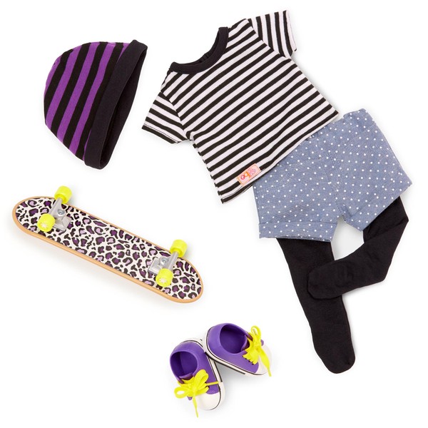 Our Generation That’s How I Roll Outfit – Skater Girl Outfit with Leopard Print Skateboard for 18-inch Dolls – 6 Piece Skateboarding Clothing and Accessory Set