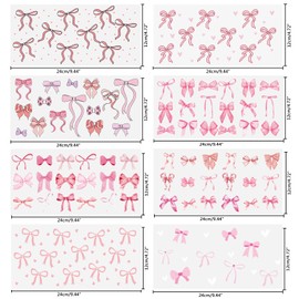 8 Sheets Bow Theme UV DTF Cup Wrap Transfer for Glass Cups Bow Stickers Rub on Transfers for Crafts Waterproof Transfer Stickers for 16oz Libbey Glass Cups