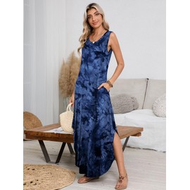 BELAROI Womens Plus Size Maxi Dress Sundress Summer Casual Sleeveless Scoop Neck Pockets Beach Swimsuit Coverup Loose Outfits (3X, T09-Dark Blue)