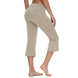 baleaf Women Flare Capri Leggings with Pockets Yoga Pants Bootcut Casual Cotton Work Summer Lounge 21" Light Khaki XL