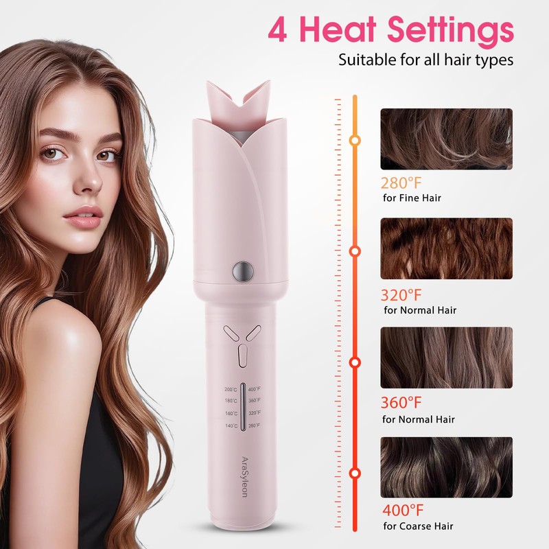 AraSyleon Cordless Curling Iron Automatic Hair Curler Rotating, Pink